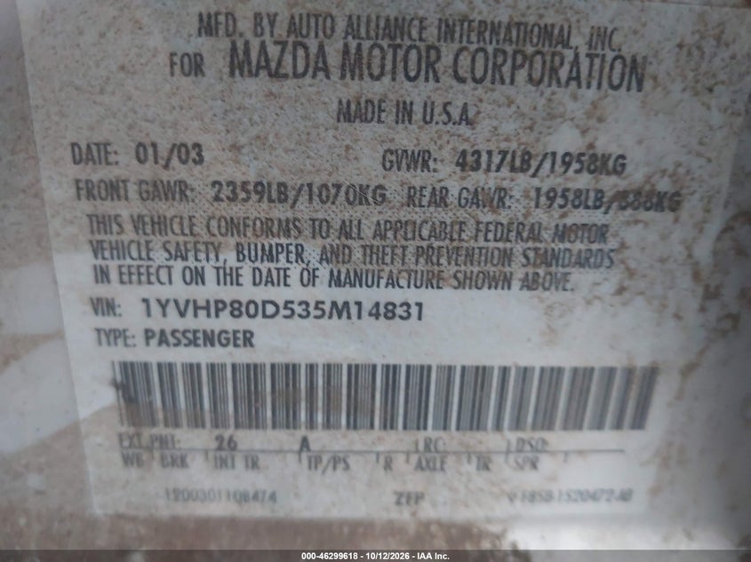 MAZDA MAZDA6 2003 VIN 1YVHP80D535M14831