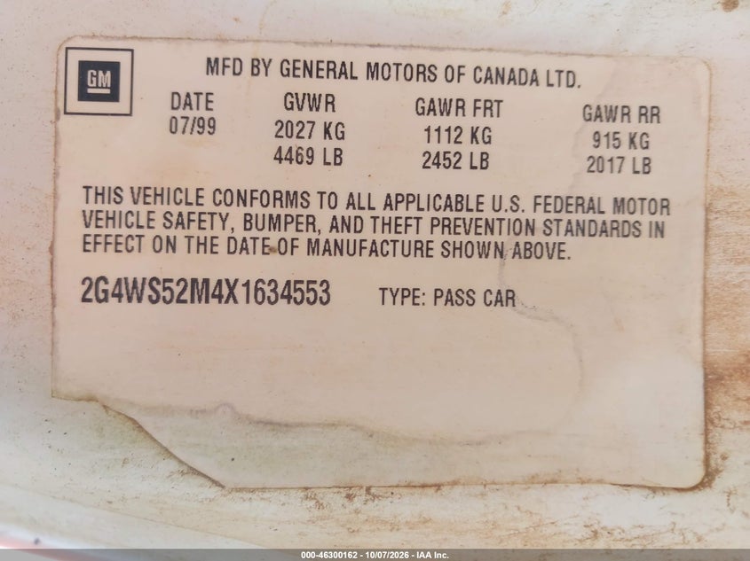 BUICK CENTURY 1999 VIN 2G4WS52M4X1634553