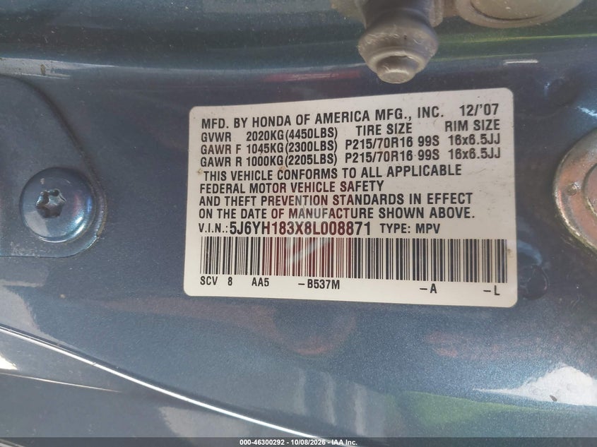 HONDA ELEMENT 2008 VIN 5J6YH183X8L008871