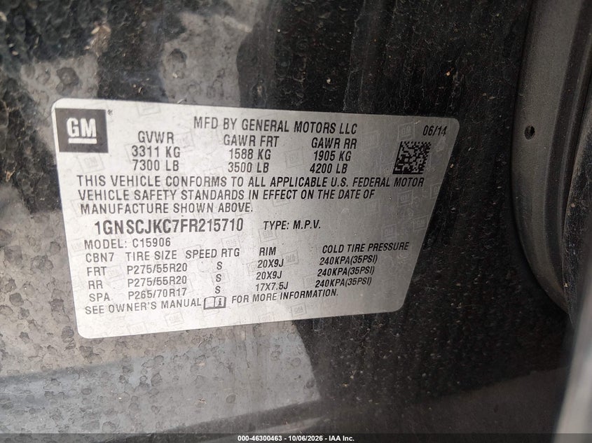 CHEVROLET SUBURBAN 1500 2015 VIN 1GNSCJKC7FR215710