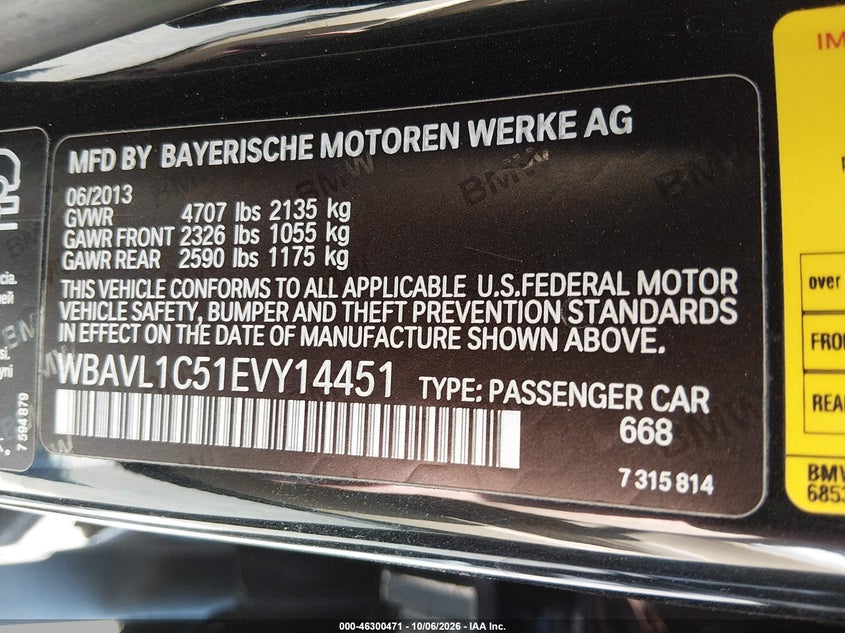 BMW X1 2014 VIN WBAVL1C51EVY14451