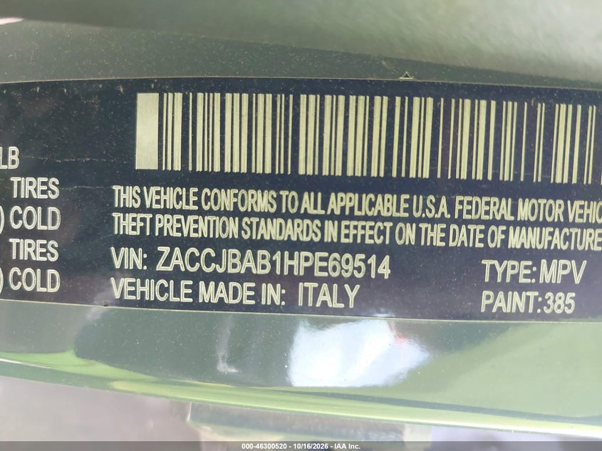 JEEP RENEGADE 2017 VIN ZACCJBAB1HPE69514
