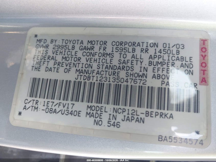 TOYOTA ECHO 2003 VIN JTDBT123135047672