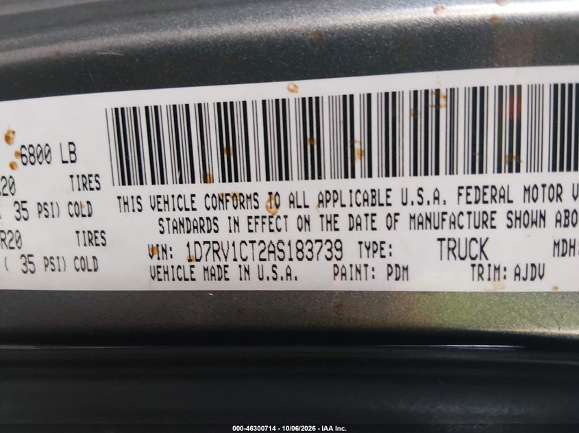 DODGE RAM 1500 2010 VIN 1D7RV1CT2AS183739