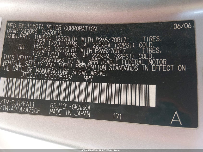 TOYOTA FJ CRUISER 2007 VIN JTEZU11F870005389