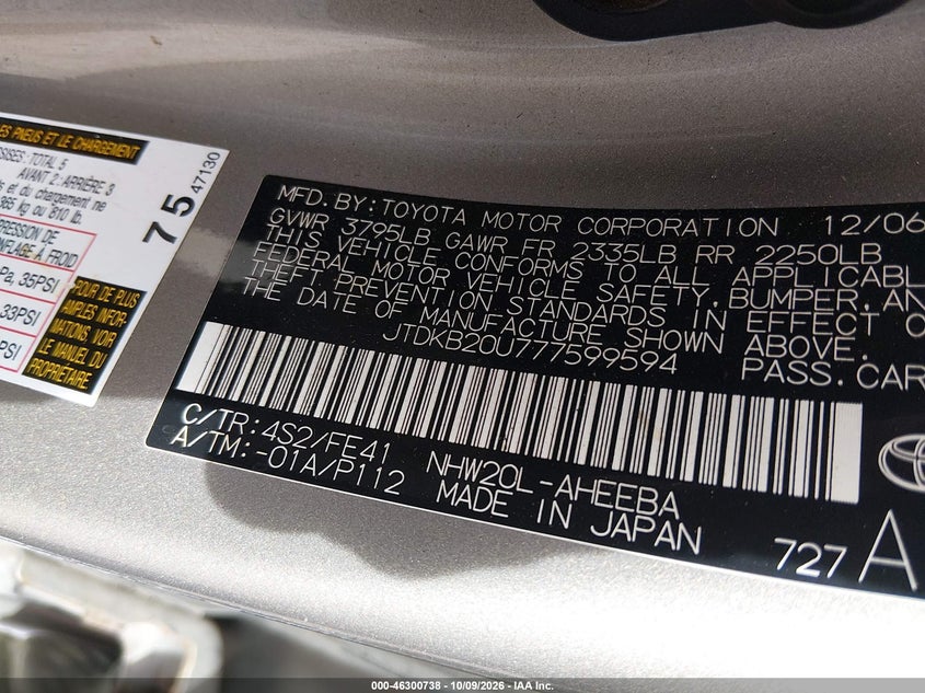 TOYOTA PRIUS 2007 VIN JTDKB20U777599594