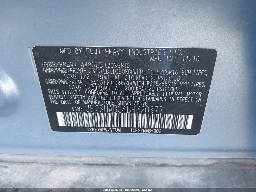 SUBARU FORESTER 2011 VIN JF2SHABC4BH720373