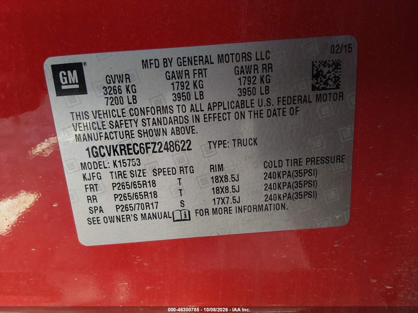 CHEVROLET SILVERADO 1500 2015 VIN 1GCVKREC6FZ248622