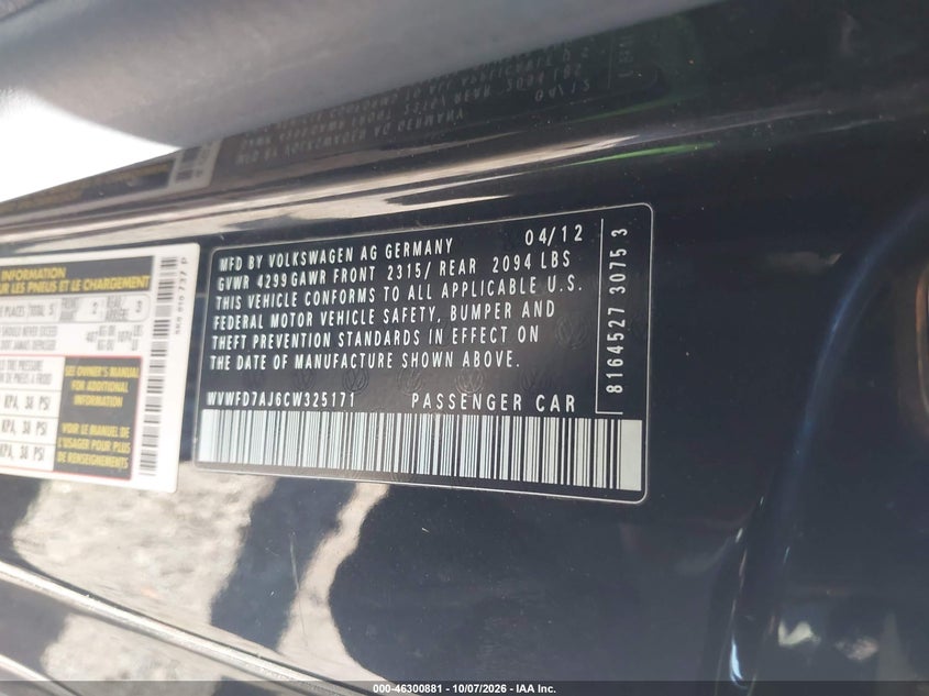 VOLKSWAGEN GTI 2012 VIN WVWFD7AJ6CW325171