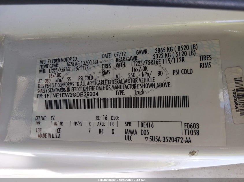 FORD E-150 2012 VIN 1FTNE1EW2CDB29204