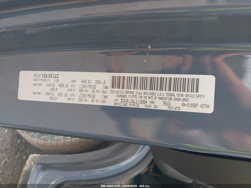 RAM PROMASTER 3500 2020 VIN 3C6URVJG6LE116984