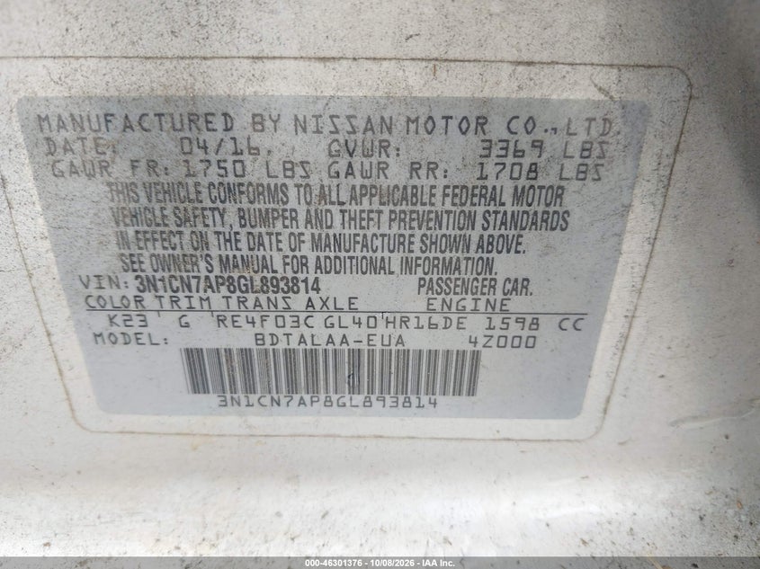 NISSAN VERSA 2016 VIN 3N1CN7AP8GL893814