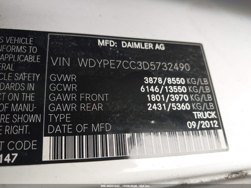 FREIGHTLINER SPRINTER 2013 VIN WDYPE7CC3D5732490
