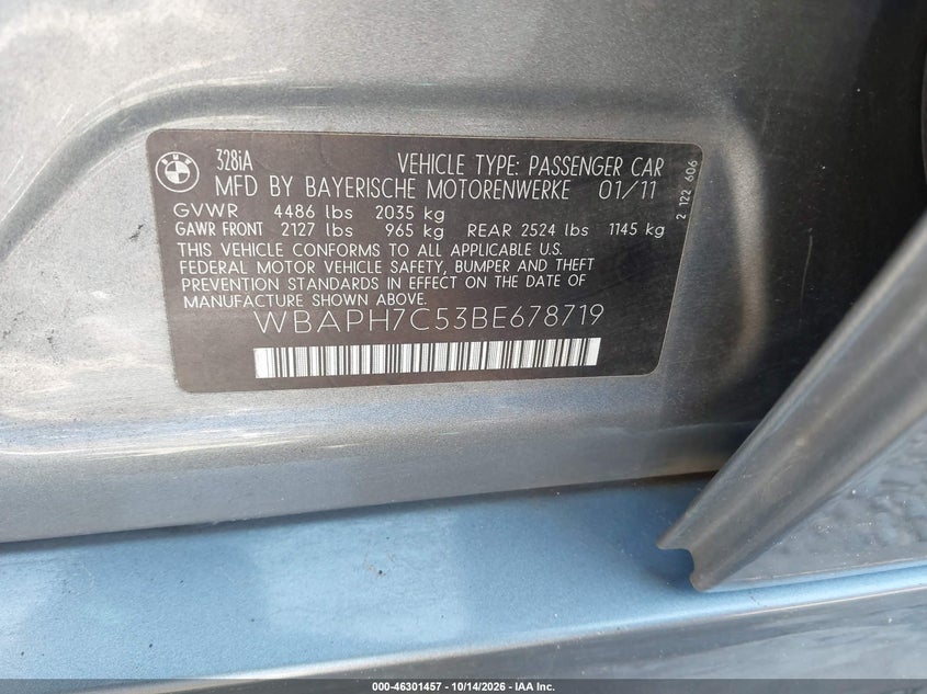 BMW 328I 2011 VIN WBAPH7C53BE678719
