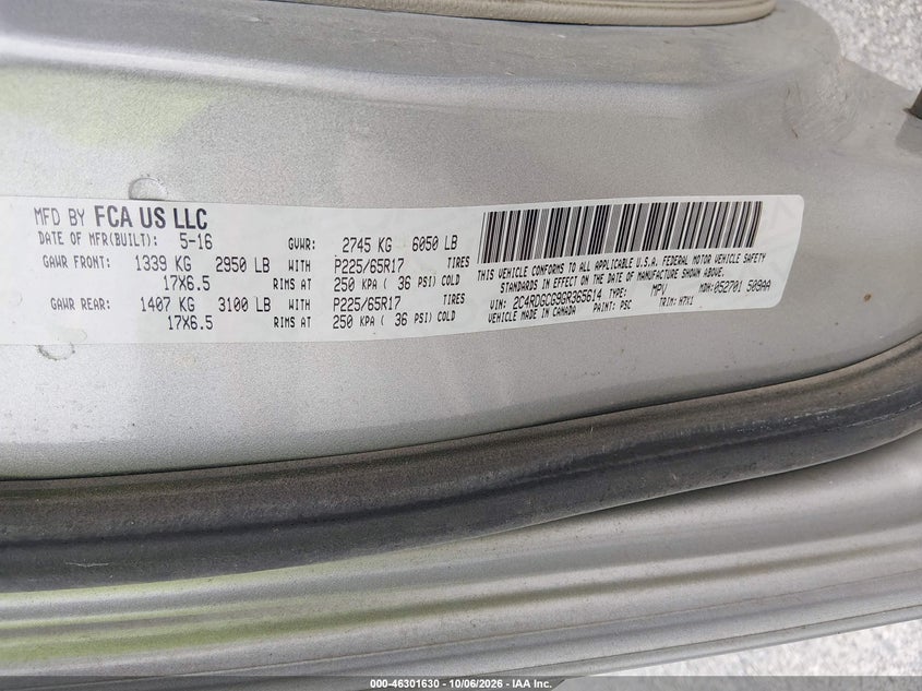 DODGE GRAND CARAVAN 2016 VIN 2C4RDGCG9GR365614