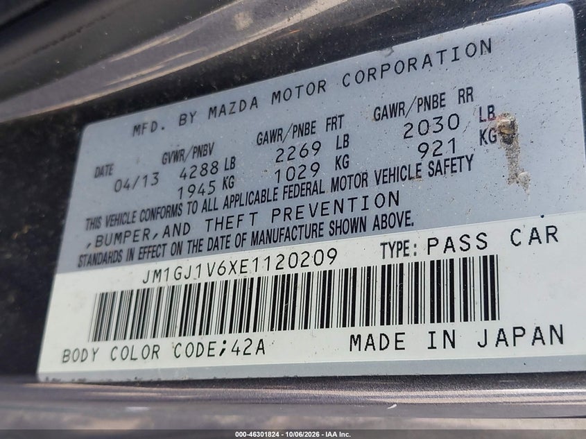 MAZDA MAZDA6 2014 VIN JM1GJ1V6XE1120209