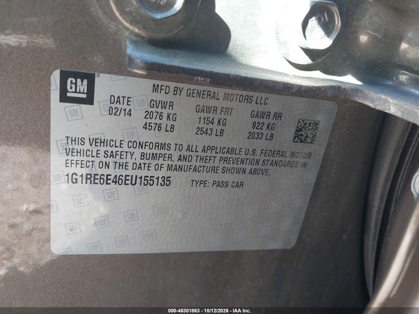 CHEVROLET VOLT 2014 VIN 1G1RE6E46EU155135