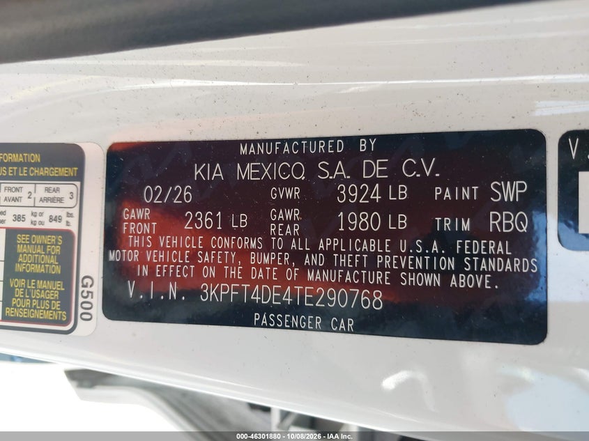 KIA K4 2026 VIN 3KPFT4DE4TE290768