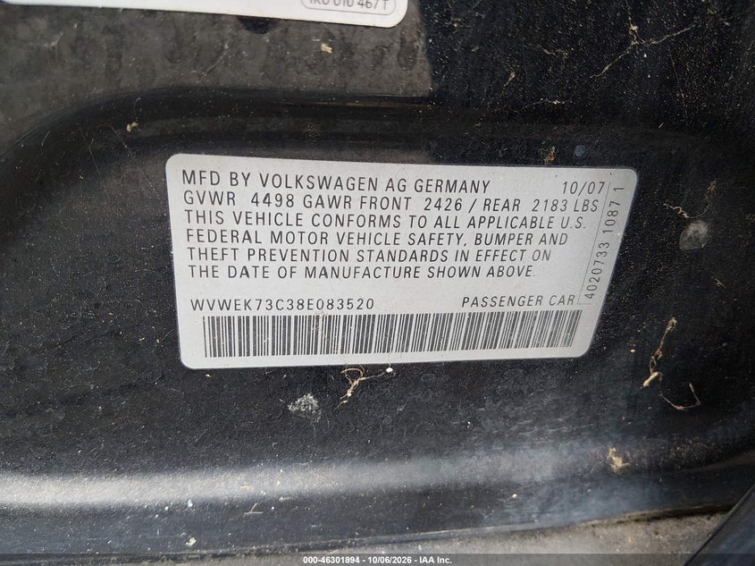 VOLKSWAGEN PASSAT 2008 VIN WVWEK73C38E083520