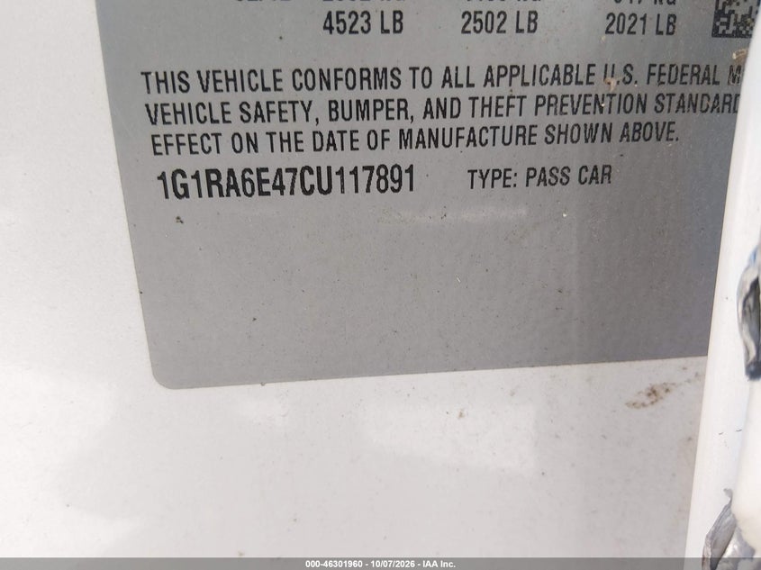 CHEVROLET VOLT 2012 VIN 1G1RA6E47CU117891