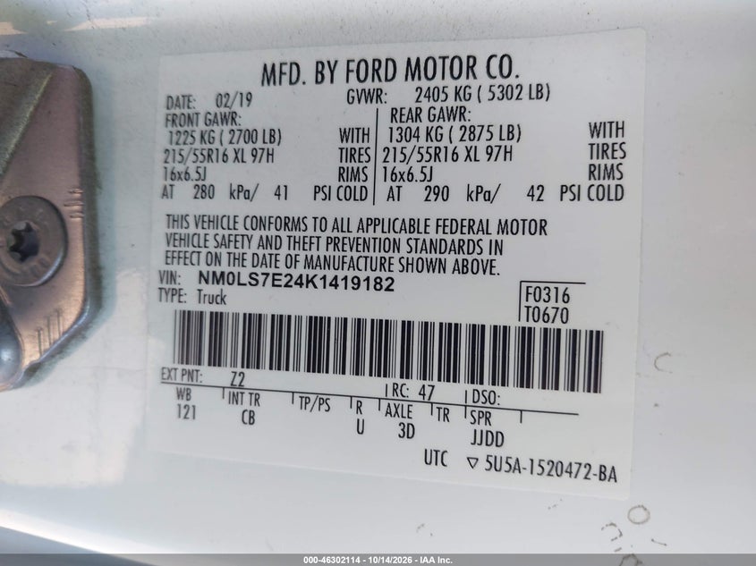Vin: nm0ls7e24k1419182, lot: 46802313, ford transit connect xl 20194
