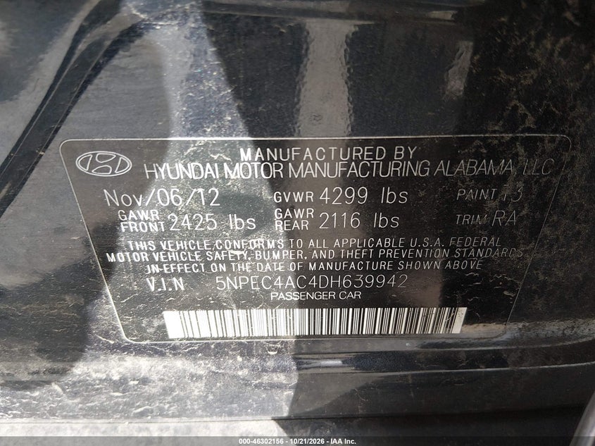 HYUNDAI SONATA 2013 VIN 5NPEC4AC4DH639942