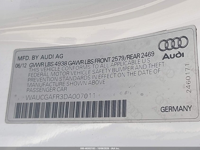 AUDI S5 2013 VIN WAUCGAFR3DA007011