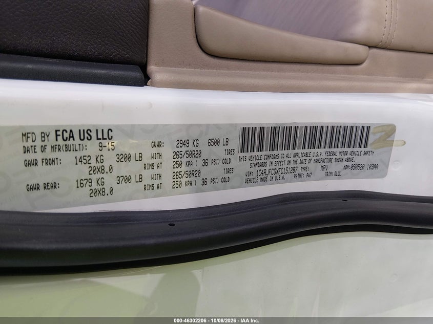 JEEP GRAND CHEROKEE 2015 VIN 1C4RJFCGXFC151287