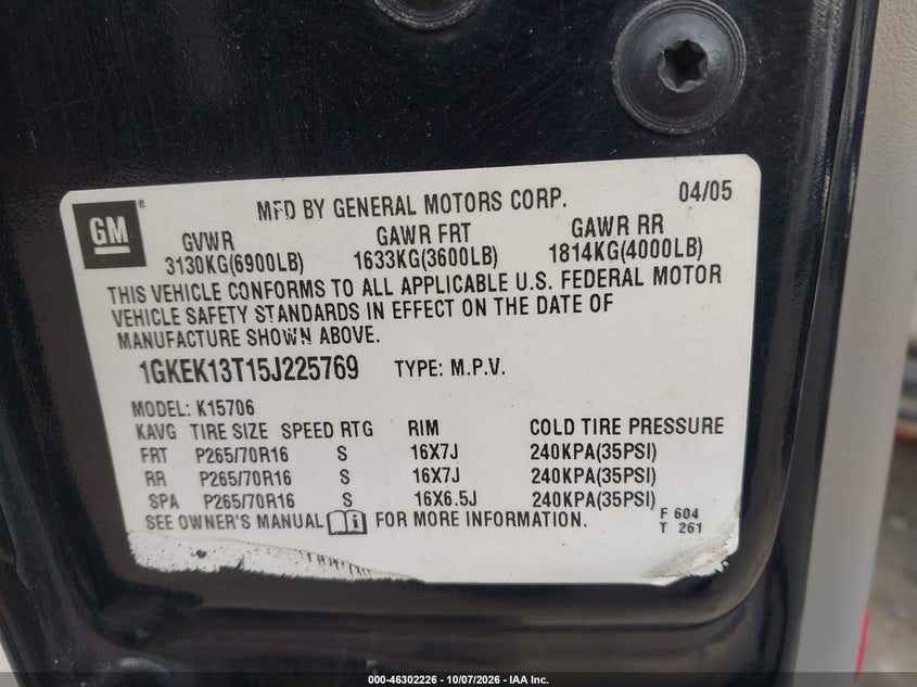 GMC YUKON 2005 VIN 1GKEK13T15J225769