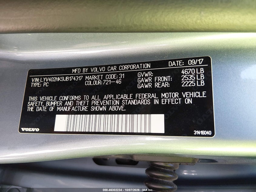 VOLVO S60 INSCRIPTION 2018 VIN LYV402HK9JB174317