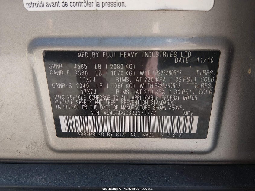 SUBARU OUTBACK 2011 VIN 4S4BRBGC8B3373777
