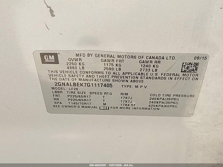 CHEVROLET EQUINOX 2016 VIN 2GNALBEK7G1117405