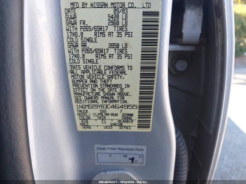 NISSAN FRONTIER 2003 VIN 1N6MD29Y83C464955