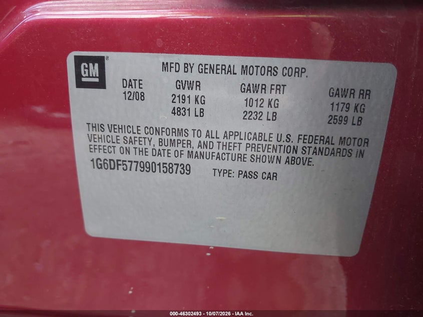 CADILLAC CTS 2009 VIN 1G6DF577990158739