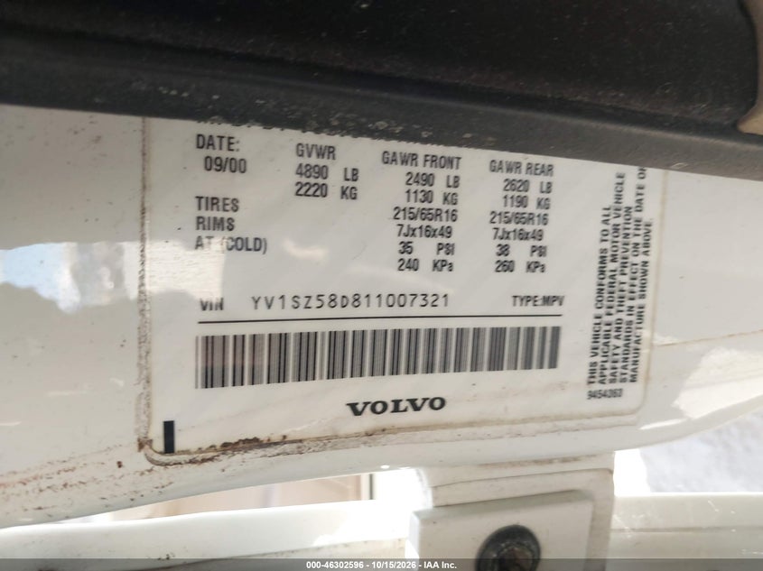 VOLVO V70 2001 VIN YV1SZ58D811007321