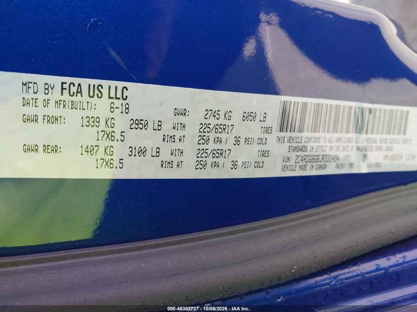 DODGE GRAND CARAVAN 2018 VIN 2C4RDGBG8JR331494
