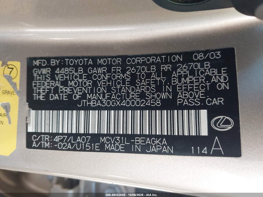 LEXUS ES 330 2004 VIN JTHBA30GX40002458