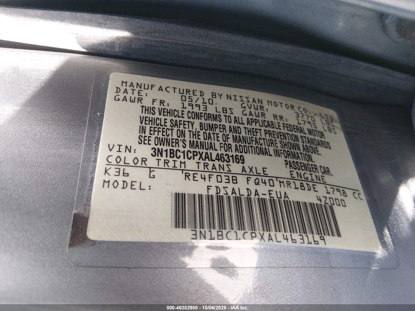 NISSAN VERSA 2010 VIN 3N1BC1CPXAL463169