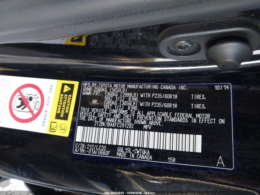 2015 LEXUS RX 350 VIN 2T2BK1BAXFC291292 — фото 9