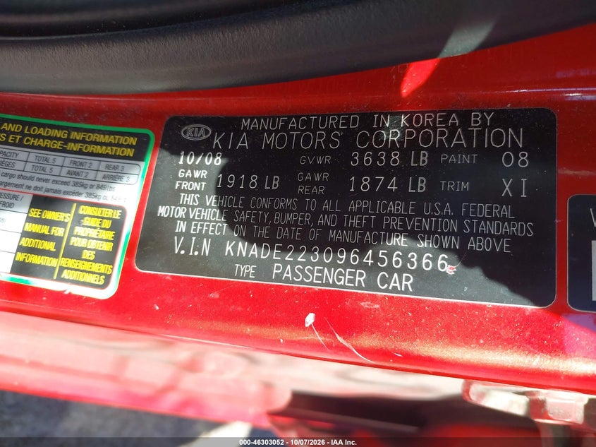KIA RIO 2009 VIN KNADE223096456366