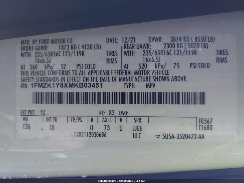 FORD TRANSIT-150 PASSENGER VAN 2021 VIN 1FMZK1Y8XMKB03451