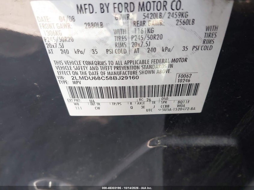 LINCOLN MKX 2008 VIN 2LMDU68C58BJ29160