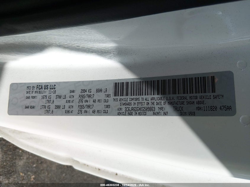 RAM 1500 CLASSIC 2019 VIN 3C6JR6DGXKG509863