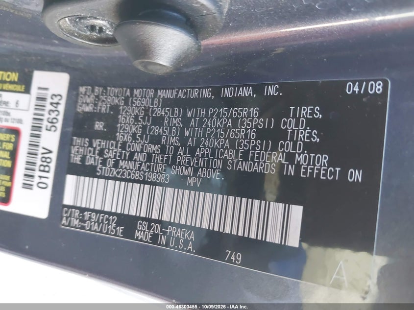 TOYOTA SIENNA 2008 VIN 5TDZK23C68S198983