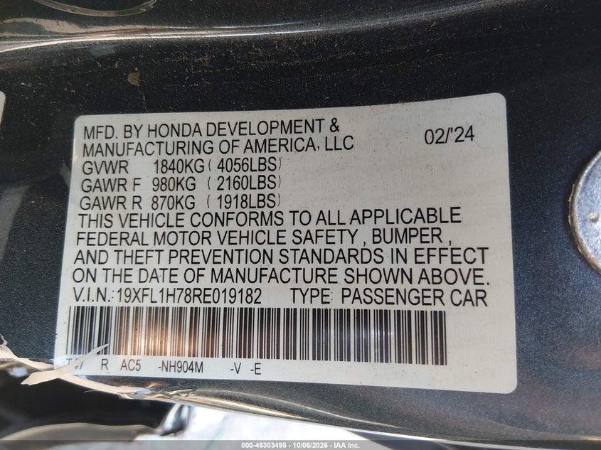 HONDA CIVIC 2024 VIN 19XFL1H78RE019182