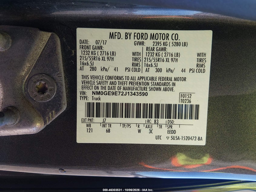 FORD TRANSIT CONNECT 2018 VIN NM0GE9E72J1343590