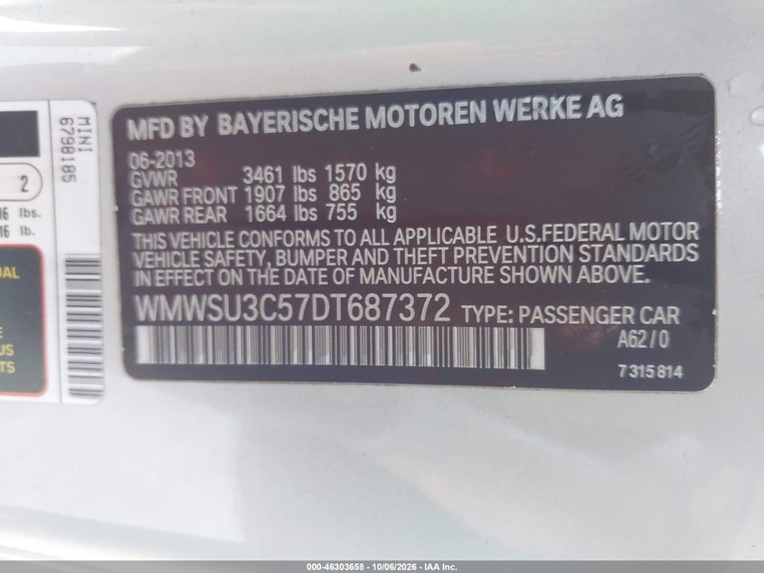 MINI HARDTOP 2013 VIN WMWSU3C57DT687372