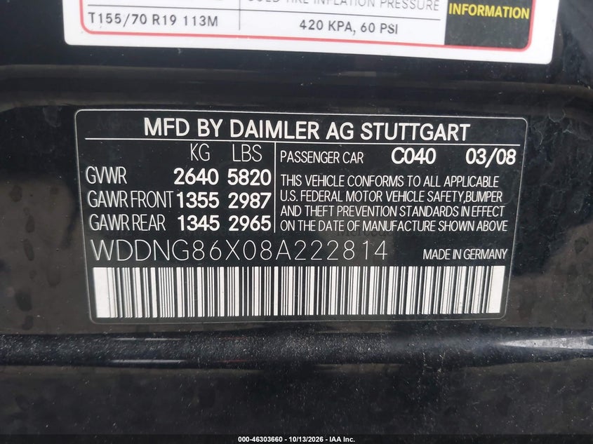 MERCEDES-BENZ S 550 2008 VIN WDDNG86X08A222814