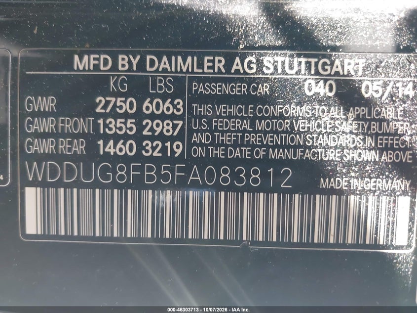 MERCEDES-BENZ S 550 2015 VIN WDDUG8FB5FA083812
