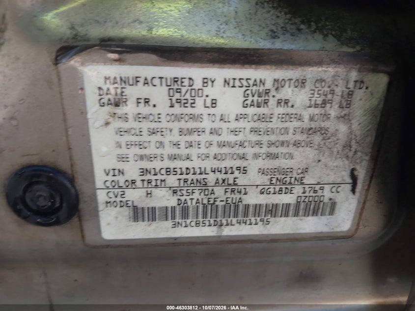 NISSAN SENTRA 2001 VIN 3N1CB51D11L441195